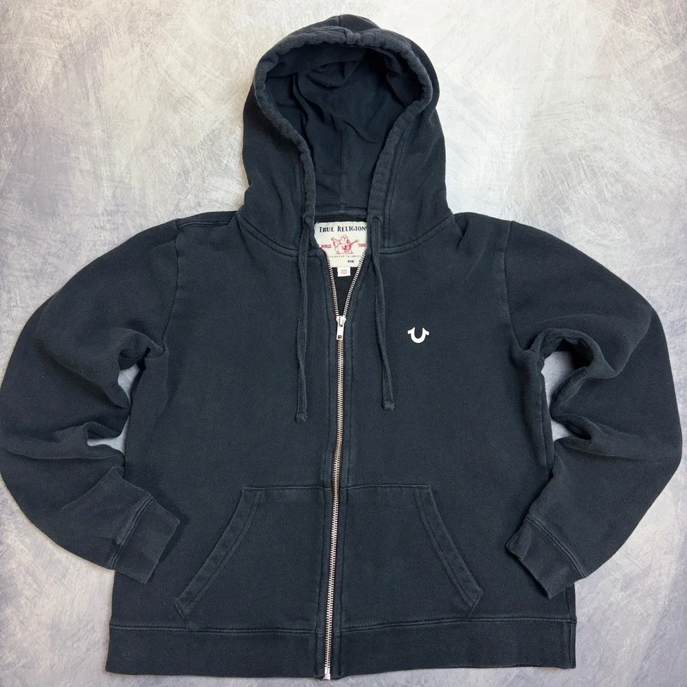 True Religion Mens Black Zip Up Hoodie Horseshoe Logo Graphic Sweatshirt Size M‎